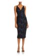 AQUA Womens Navy Sequined Lace Sleeveless V Neck Midi Evening Body Con Dress Supply