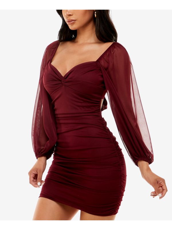 B DARLIN Womens Burgundy Ruched Twist Front Cut Out Tie Back Long Sleeve V Neck Short Party Body Con Dress For Cheap