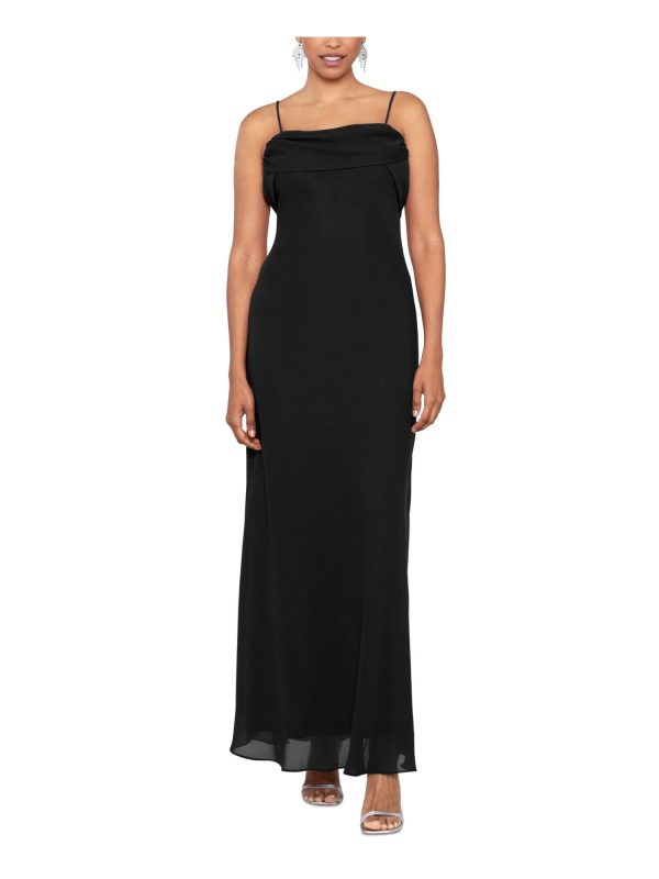 BETSY & ADAM Womens Black Zippered Gathered Draped Details Lined Spaghetti Strap Square Neck Full-Length Evening Gown Dress Online now