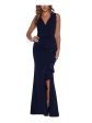 BETSY & ADAM Womens Navy Slitted Zippered Cascade Ruffle Runs Small Crosso Sleeveless Collared Full-Length Evening Gown Dress Fashion