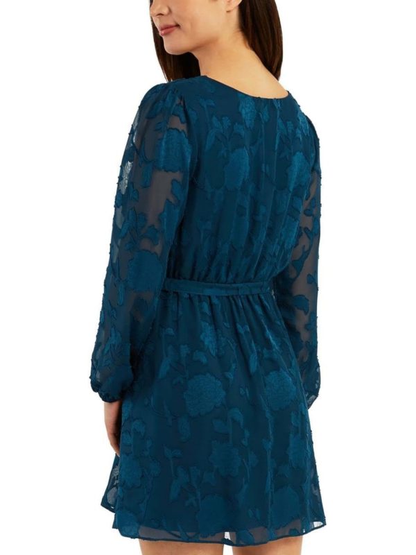 BCX DRESS Womens Teal Lined Belted Ruffled Floral Blouson Sleeve Surplice Neckline Short Faux Wrap Dress on Sale