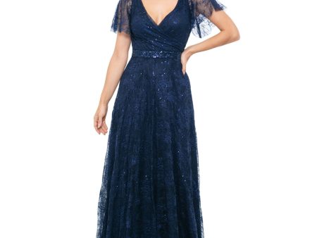 B&A  BY BETSY & ADAM Womens Navy Zippered Lined Flutter Sleeve Surplice Neckline Full-Length Evening Gown Dress Online Hot Sale