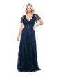 B&A  BY BETSY & ADAM Womens Navy Zippered Lined Flutter Sleeve Surplice Neckline Full-Length Evening Gown Dress Online Hot Sale