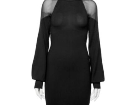 ALMOST FAMOUS Womens Black Sheer Ribbed Blouson Sleeve Mock Neck Midi Party Sheath Dress Hot on Sale