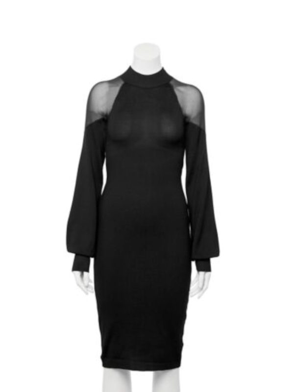 ALMOST FAMOUS Womens Black Sheer Ribbed Blouson Sleeve Mock Neck Midi Party Sheath Dress Hot on Sale