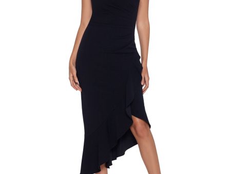 XSCAPE Womens Rhinestone Spaghetti Strap V Neck Tea-Length Party Sheath Dress Sale