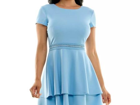 B DARLIN Womens Light Blue Zippered Buttoned Keyhole Tiered Skirt Op Short Sleeve Crew Neck Short Party Fit + Flare Dress Fashion