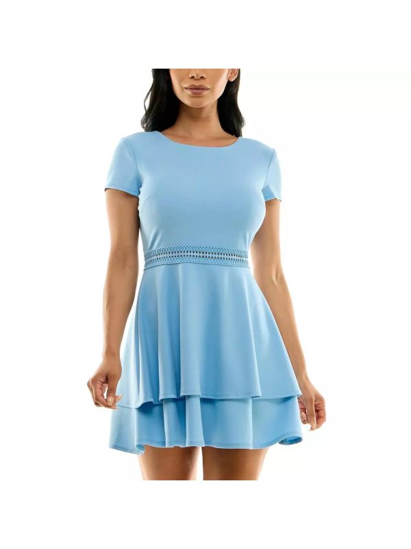 B DARLIN Womens Light Blue Zippered Buttoned Keyhole Tiered Skirt Op Short Sleeve Crew Neck Short Party Fit + Flare Dress Fashion