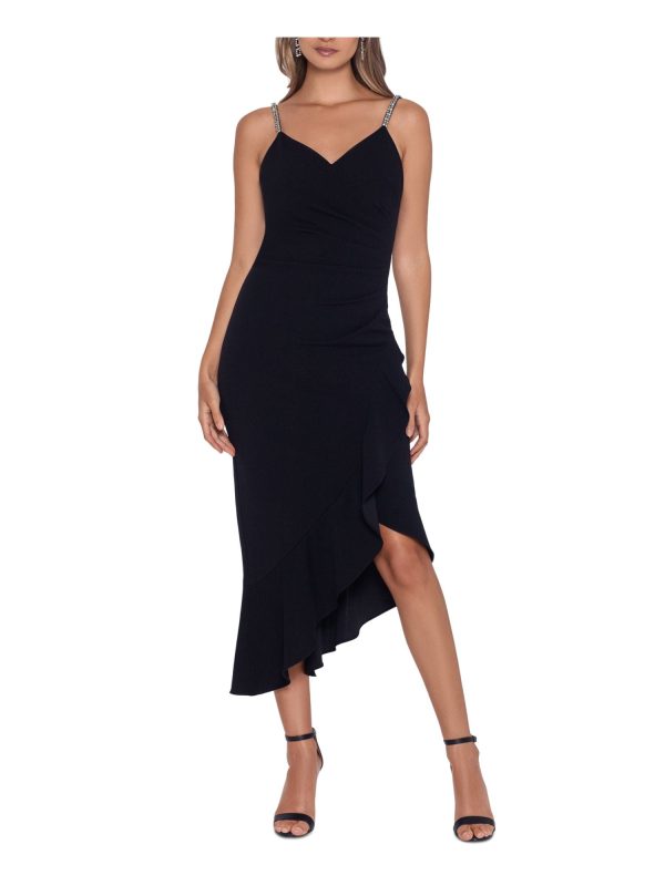 XSCAPE Womens Rhinestone Spaghetti Strap V Neck Tea-Length Party Sheath Dress Sale