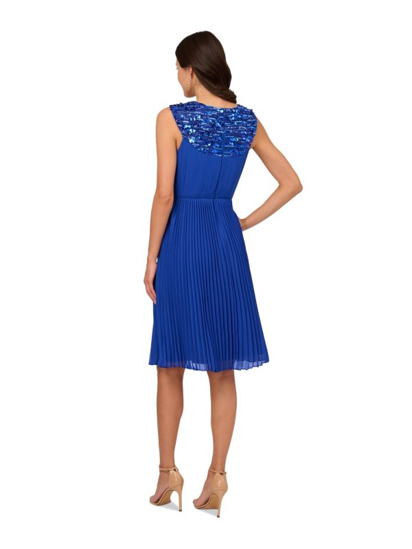 ADRIANNA PAPELL Womens Blue Pleated Zippered Lined Sleeveless Halter Above The Knee Party Fit + Flare Dress on Sale