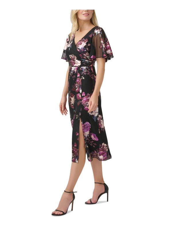 ADRIANNA PAPELL Womens Black Zippered Ruched Slitted Lined Floral Flutter Sleeve Surplice Neckline Midi Wear To Work Faux Wrap Dress on Sale