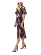 ADRIANNA PAPELL Womens Black Zippered Ruched Slitted Lined Floral Flutter Sleeve Surplice Neckline Midi Wear To Work Faux Wrap Dress on Sale