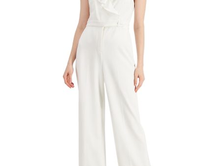 ADRIANNA PAPELL Womens White Stretch Ruffled Zippered Belted Sleeveless Surplice Neckline Formal Wide Leg Jumpsuit Hot on Sale