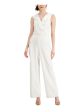 ADRIANNA PAPELL Womens White Stretch Ruffled Zippered Belted Sleeveless Surplice Neckline Formal Wide Leg Jumpsuit Hot on Sale