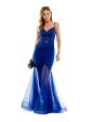 B DARLIN Womens Blue Zippered Lined Lace-up Back Mesh Flare Hem Sleeveless V Neck Full-Length Prom Gown Dress Sale