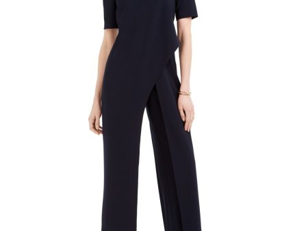 ADRIANNA PAPELL Womens Navy Short Sleeve Asymmetrical Neckline Evening Wide Leg Jumpsuit Cheap