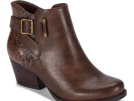 BARETRAPS Womens Brown Mixed Media Buckle Accent Padded Reggie Round Toe Stacked Heel Zip-Up Booties M on Sale