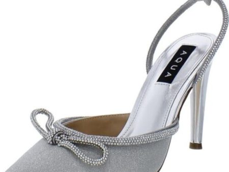 AQUA Womens Silver Padded Glitter Embelished Ankle Strap Bow Accent Pointed Toe Block Heel Buckle Dress Heels Shoes M Sale