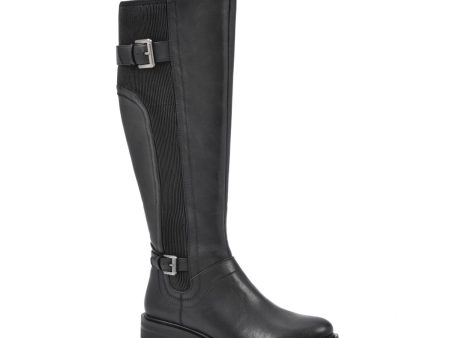 WHITE MOUNTAIN Womens Dark Brown Black Stretch Panels Buckle Accent Cushioned Meditate Round Toe Block Heel Zip-Up Riding Boot Online now