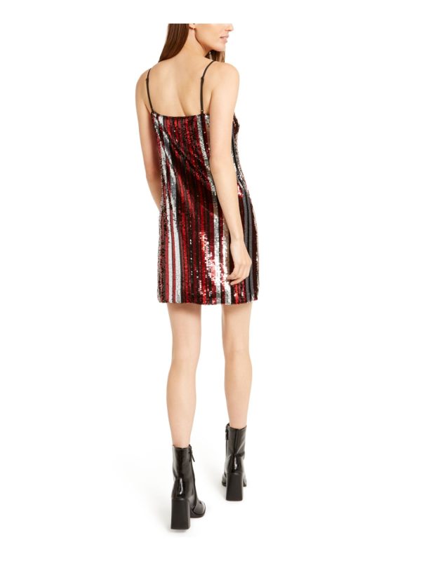 BAR III Womens Red Sequined Striped Spaghetti Strap V Neck Short Party Shift Dress Online now