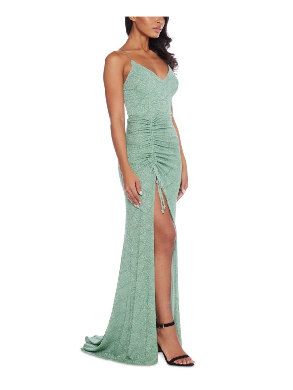 B DARLIN Womens Green Glitter Ruched Open Strappy Back Pull-on Printed Spaghetti Strap V Neck Full-Length Evening Gown Dress Online now