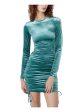 BARDOT Womens Green Zippered Ruched Tie Textured Long Sleeve Jewel Neck Mini Party Sheath Dress Online