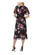 ADRIANNA PAPELL Womens Black Zippered Ruched Slitted Lined Floral Flutter Sleeve Surplice Neckline Midi Wear To Work Faux Wrap Dress on Sale