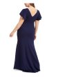 BETSY & ADAM Womens Navy Ruched V-back Scuba Crepe Flutter Sleeve Full-Length Evening Dress Fashion