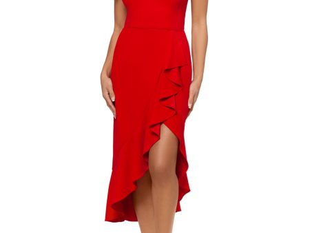 XSCAPE Womens Red Stretch Zippered Lined Cascading Ruffles Spaghetti Strap Sweetheart Neckline Midi Evening Hi-Lo Dress Hot on Sale