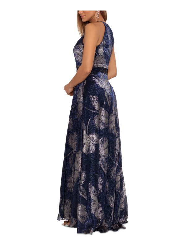 BETSY & ADAM Womens Blue Zippered Metallic Slitted Lined Cinched Waist Floral Sleeveless Halter Full-Length Party Gown Dress For Sale