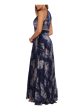 BETSY & ADAM Womens Blue Zippered Metallic Slitted Lined Cinched Waist Floral Sleeveless Halter Full-Length Party Gown Dress For Sale