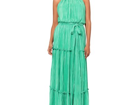 BETSY & ADAM Womens Green Pleated Belted Ruffled Zippered Lined Sleeveless Halter Full-Length Cocktail Gown Dress Online Hot Sale