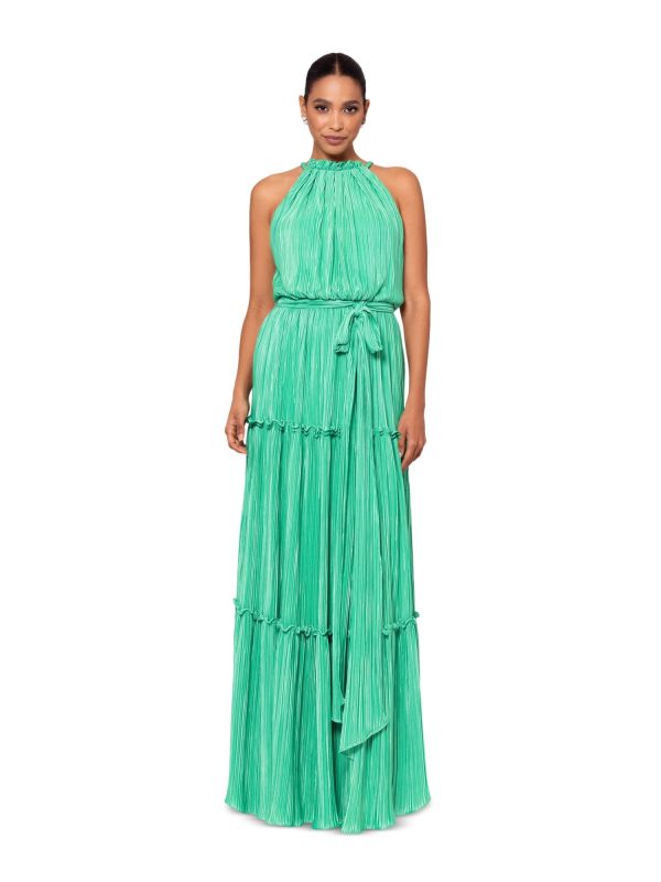 BETSY & ADAM Womens Green Pleated Belted Ruffled Zippered Lined Sleeveless Halter Full-Length Cocktail Gown Dress Online Hot Sale