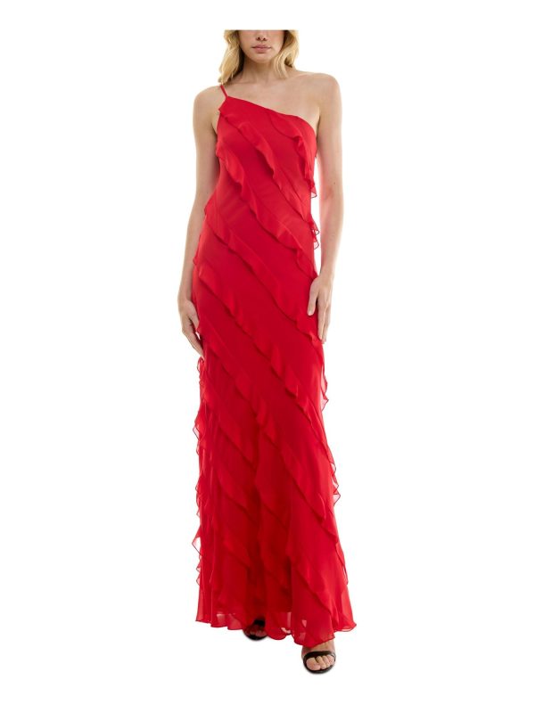 B DARLIN Womens Red Zippered Lined Asymmetric Tiered Ruffles Sleeveless Asymmetrical Neckline Full-Length Party Gown Dress Online Sale