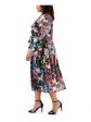 ANNE KLEIN Womens Black Belted Lined Elastic Waist Tiered Skirt Floral Cuffed Sleeve V Neck Midi Wear To Work Fit + Flare Dress Cheap