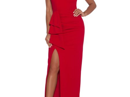 XSCAPE Womens Red Ruched Zippered Ruffled Slitted Lined Spaghetti Strap V Neck Full-Length Formal Gown Dress Online