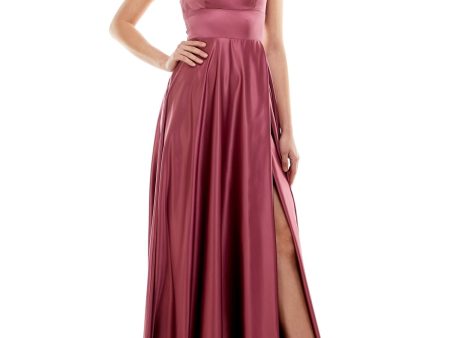 B DARLIN Womens Burgundy Slitted Lace Up Back Spaghetti Strap Scoop Neck Full-Length Evening Fit + Flare Dress Discount