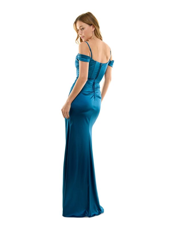 B DARLIN Womens Teal Cold Shoulder Zippered Boned Bodice Pleated High Slit Short Sleeve Cowl Neck Full-Length Evening Gown Dress Supply