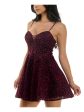 B DARLIN Womens Burgundy Zippered Mesh Insert Padded Cups Floral Spaghetti Strap Sweetheart Neckline Short Party Fit + Flare Dress Supply