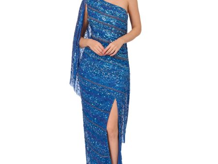 ADRIANNA PAPELL Womens Blue Embellished Zippered Draped Sleeve Slitted Lined Asymmetrical Neckline Full-Length Formal Sheath Dress Hot on Sale