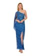 ADRIANNA PAPELL Womens Blue Embellished Zippered Draped Sleeve Slitted Lined Asymmetrical Neckline Full-Length Formal Sheath Dress Hot on Sale