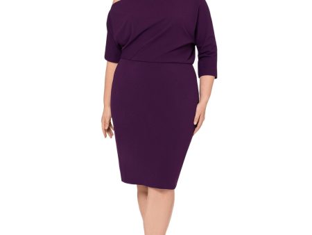 BETSY & ADAM Womens Purple Zippered Lined Slit Back Hem 3 4 Sleeve Asymmetrical Neckline Knee Length Party Sheath Dress on Sale