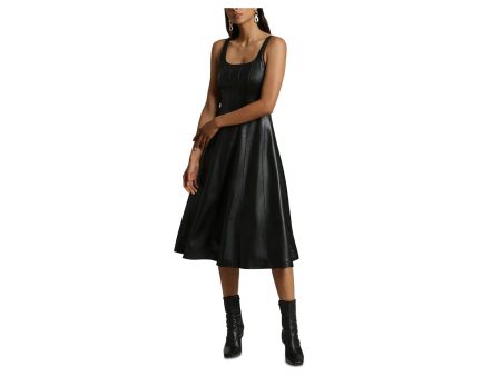 AVEC LES FILLES Womens Black Faux Leather Zippered Lined Seamed Detailing Scoop Back Sleeveless Square Neck Below The Knee Party Fit + Flare Dress Discount