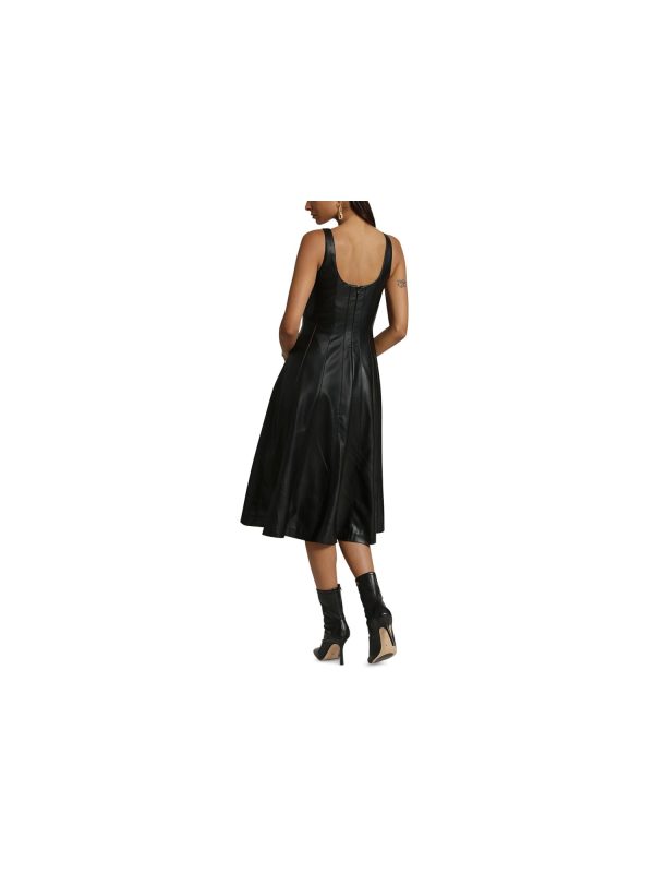 AVEC LES FILLES Womens Black Faux Leather Zippered Lined Seamed Detailing Scoop Back Sleeveless Square Neck Below The Knee Party Fit + Flare Dress Discount