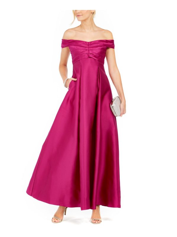 ADRIANNA PAPELL Womens Zippered Short Sleeve Off Shoulder Maxi Formal Fit + Flare Dress Fashion