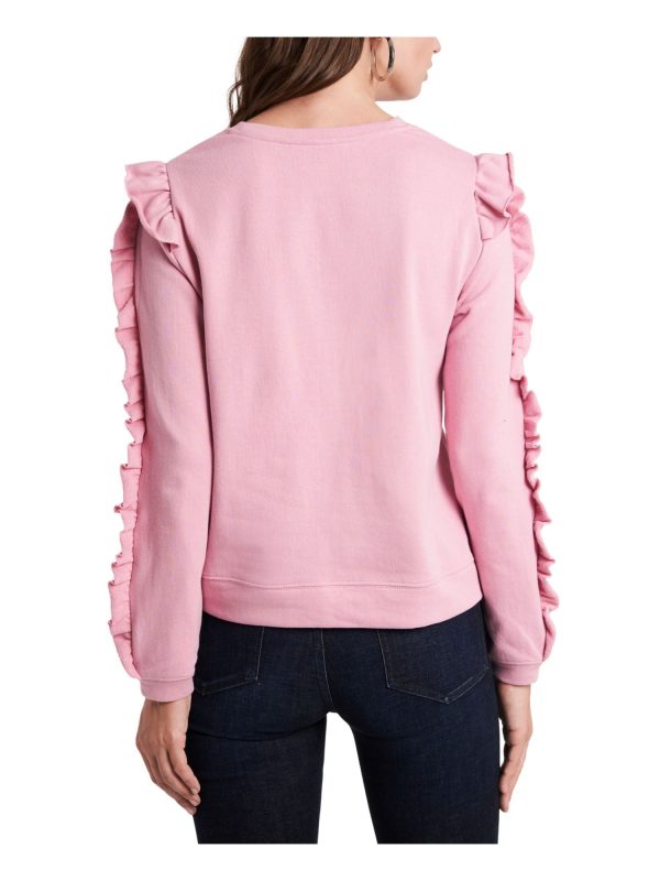 1. STATE Womens Pink Ruffled Long Sleeve Crew Neck Sweatshirt Discount