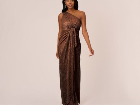 ADRIANNA PAPELL Womens Brown Zippered Ruched Twist Cascade Side Lined Pinstripe Sleeveless Asymmetrical Neckline Full-Length Evening Gown Dress Online now