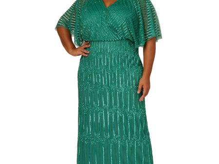 ADRIANNA PAPELL Womens Green Beaded Sequined Zippered Lined Flutter Sleeve Surplice Neckline Full-Length Party Blouson Dress Online now