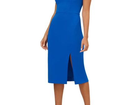 AIDAN Womens Blue Slitted Zippered Lined Feathered Sleeve Sleeveless Square Neck Below The Knee Evening Sheath Dress For Cheap