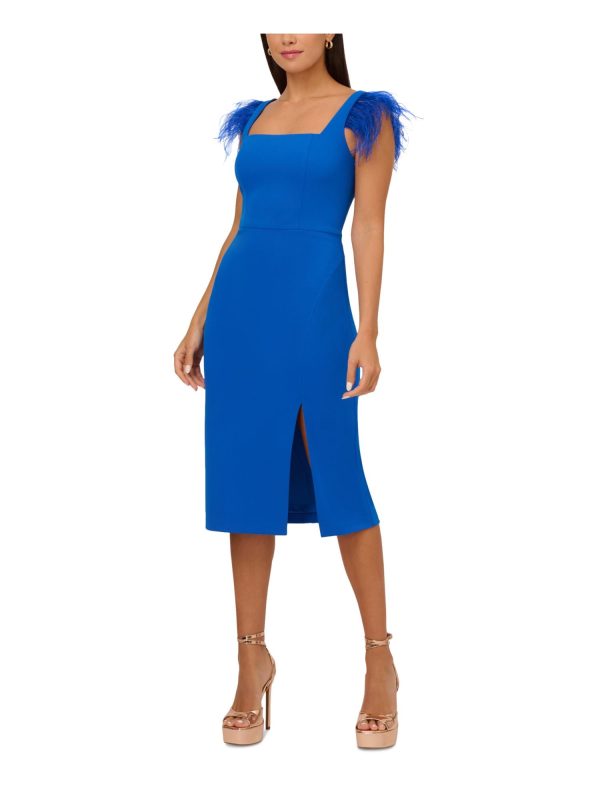 AIDAN Womens Blue Slitted Zippered Lined Feathered Sleeve Sleeveless Square Neck Below The Knee Evening Sheath Dress For Cheap